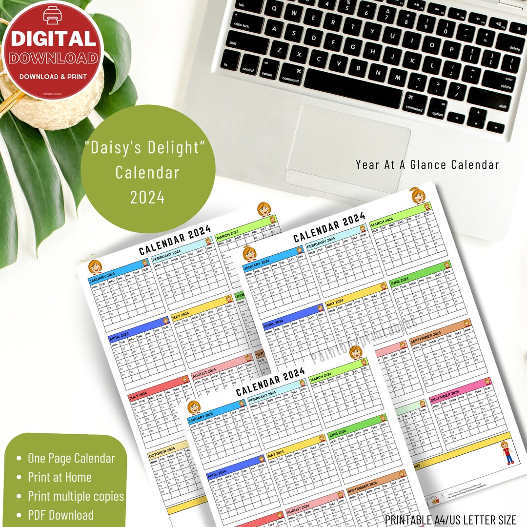 Daisy's Delight: 2024 One-page Calendar Yearly Calendar one Sheet ...