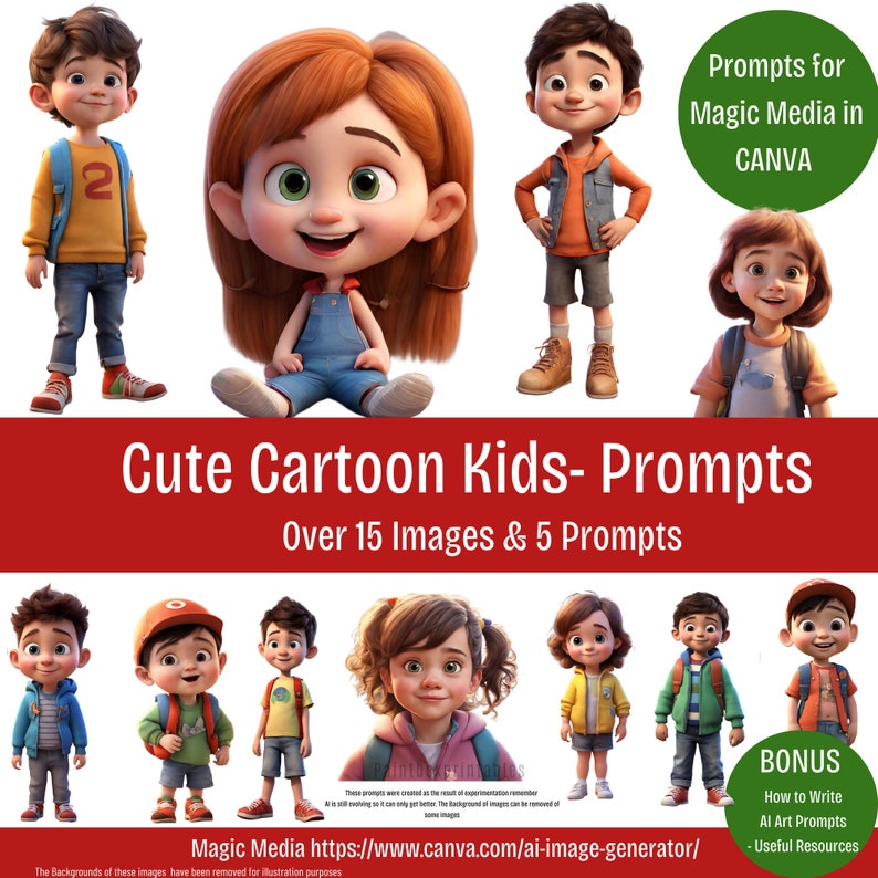 Cute KID Cartoon AI Art Prompt Guide14 Pgs5 Prompts 20 Images/prompts