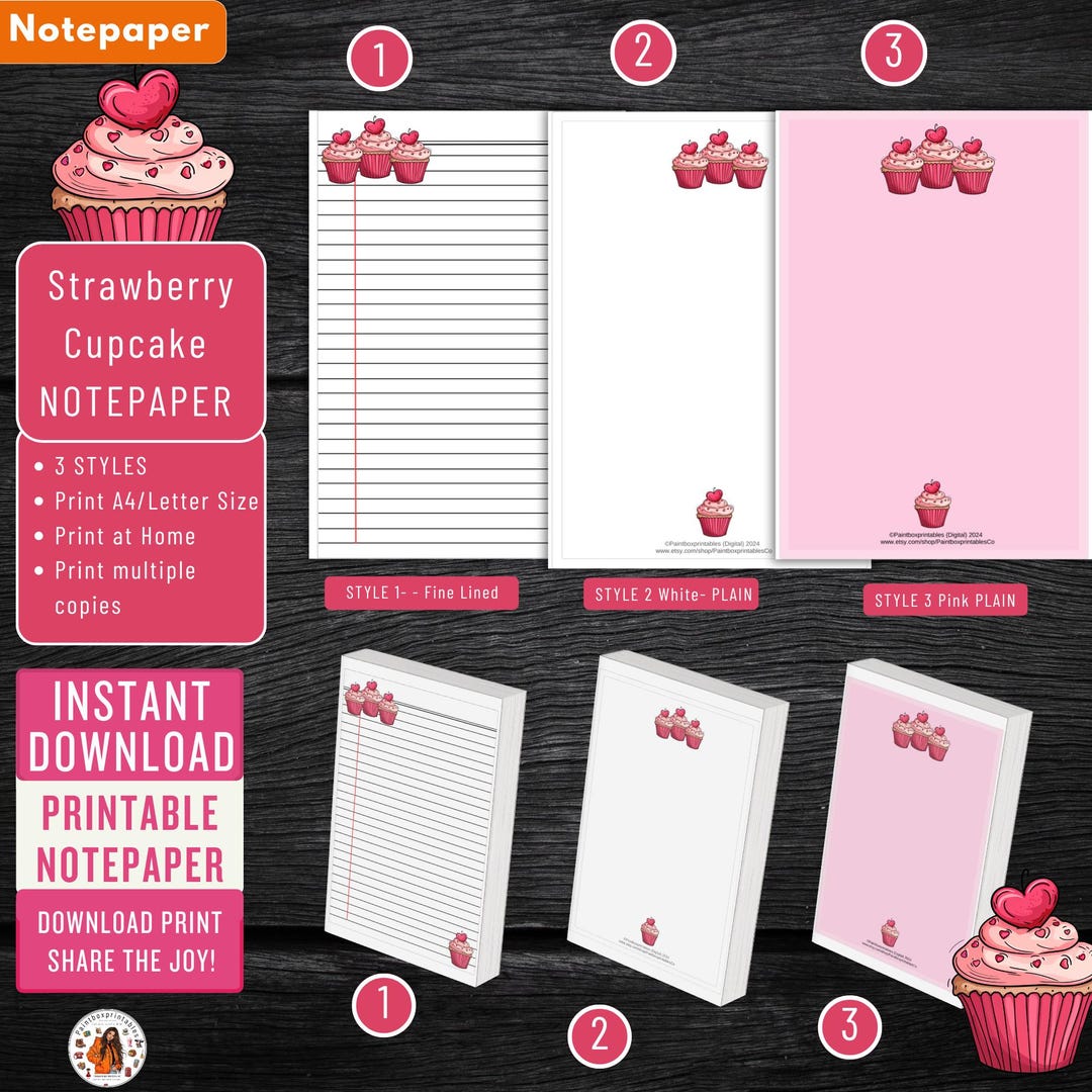 Cake Note Paper Printable Notepaper 'strawberry Cupcake' 3 STYLES Printable |writing ...