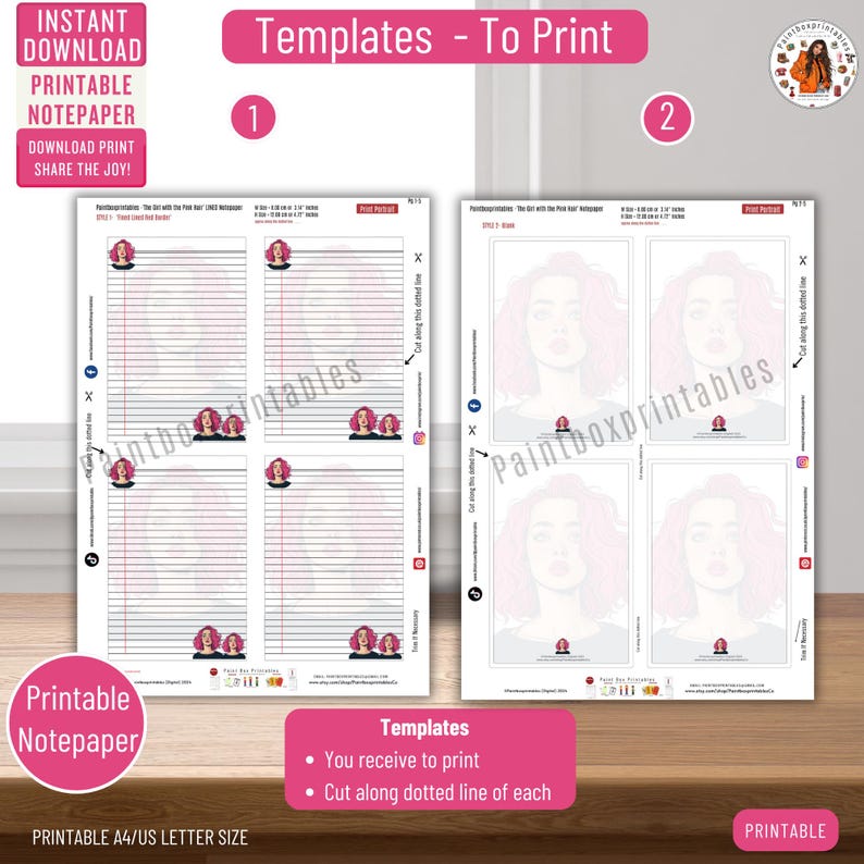Printable Notepaper 'the Girl With the Pink Hair' 2 STYLES Printable ...