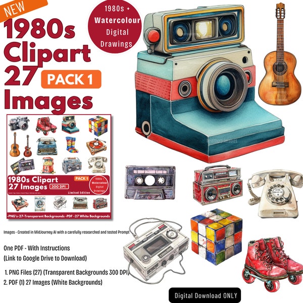 Clipart -1980s -27 Watercolor Images - Roller Boots-Ghetto Blaster - Walkman-Cube PNG's, 1 PDF Commercial Use I love 1980's Instant DOWNLOAD