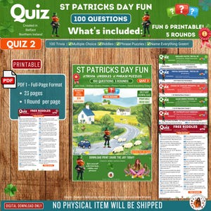 QUIZ 2 - St Patrick’s Day Fun QUIZ PRINTABLE | 100+ Questions| 5 Printable Rounds| Trivia Riddles & Phrase Prompts |Made in Northern Ireland
