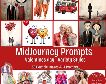 MidJourney Valentine's Day Prompt Guide 14 Prompts + 56 Sample Artworks| diverse range of styles & Images Bonus Resources PDF ONLY