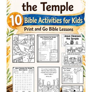 May include: A collection of 10 printable Bible activities for kids titled Jesus Cleans the Temple. The document includes black and white worksheets featuring a crossword puzzle, word search, scripture verses, and illustrations of the biblical story.