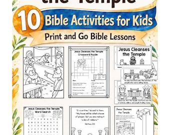 May include: A collection of 10 printable Bible activities for kids titled Jesus Cleans the Temple. The document includes black and white worksheets featuring a crossword puzzle, word search, scripture verses, and illustrations of the biblical story.