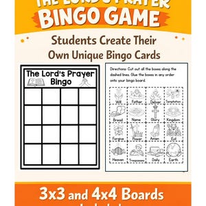 May include: A colorful game board titled "The Lord's Prayer Bingo Game." The image includes instructions and bingo cards with spaces for students to create their own unique bingo cards. The game includes 3x3 and 4x4 boards.