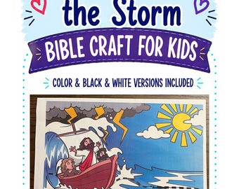 May include: A printable Bible craft for kids titled Jesus Calms the Storm. The graphic features a cartoon illustration of a boat on turbulent blue water with dark storm clouds, lightning, and a bright yellow sun. Color and black and white versions included.