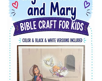 May include: A paper craft kit titled Angel Gabriel and Mary Bible Craft for Kids featuring color and black and white versions. The image shows a scene with a kneeling figure in a blue and pink robe, a flying angel, and a white dove with a glow.