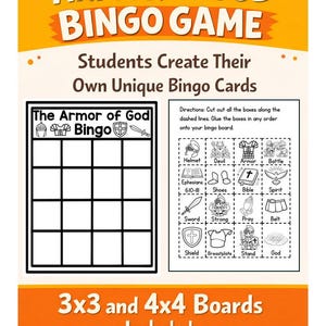 以下が含まれることがあります： 「Armor of God Bingo Game」というタイトルのビンゴゲームで、3x3と4x4のボードがあります。ゲームには、ビンゴカードのテンプレートと、宗教的なシンボルやアイテムの切り抜き画像が含まれています。テキストは「Students Create Their Own Unique Bingo Cards」と書かれています。