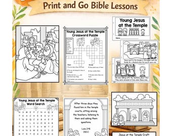 May include: A collection of printable Bible activities for kids, featuring the theme "Young Jesus at the Temple." The image includes a crossword puzzle, word search, coloring pages, and a craft activity. The text reads "10 Bible Activities for Kids."