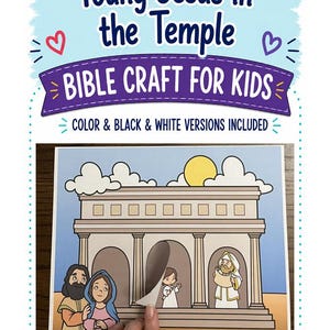 Può includere: Un lavoretto biblico stampabile intitolato Young Jesus in the Temple con un'illustrazione a cartoni animati di un tempio con colonne. Include versioni a colori e in bianco e nero. L'immagine mostra un ritaglio di carta sollevato per rivelare una figura.