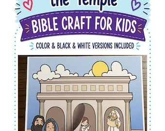 Op de afbeelding: Een printbaar bijbelknutselwerk getiteld Young Jesus in the Temple met een cartoonillustratie van een tempel met zuilen. De set bevat kleur- en zwart-witversies. De afbeelding toont een papieren uitsnede die wordt opgetild om een figuur te onthullen.