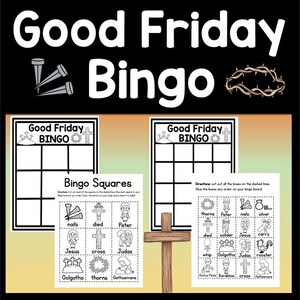 Op de afbeelding: Zwart-witte printbare Goede Vrijdag Bingo-spel met een 5x5-rooster en een apart blad met bingokwadraten met afbeeldingen en woorden die betrekking hebben op het verhaal van Goede Vrijdag. De woorden omvatten: spijkers, gestorven, Petrus, Jezus, kruis, Judas, Golgotha, doornen, Gethsemane, doornen, Petrus, spijkers, zilver, gestorven, soldaat, Jezus, dragen, zweep, Golgotha, Judas, haan, Barabbas, soldaten, kruis, dieven.