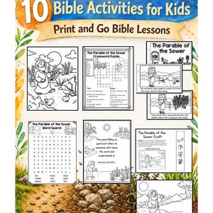 Puede incluir: Un póster educativo colorido titulado "La Parábola del Sembrador" con "10 Actividades Bíblicas para Niños". Incluye ilustraciones, un crucigrama, una búsqueda de palabras e instrucciones de manualidades. El póster está diseñado para lecciones bíblicas para imprimir y llevar.