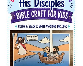 May include: A printable Bible craft for kids titled Jesus Calls His Disciples. The craft features a cartoon illustration of Jesus on a shore speaking to two disciples in a boat with a net. A movable paper stick mechanism is included.