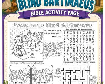 Jesus Heals Blind Bartimaeus Church Activity Mat | Kids Bible Placemats | Bible Activity Placemats | Quiet Church Activity Page Printable