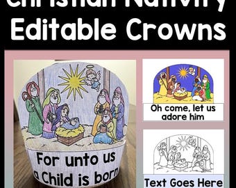 Nativity Crowns -Editable! {6 Designs in Color & B/W} Nativity Hats, Sunday School Lesson, Activity, Christian Christmas, Kids, Craft, Easy