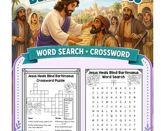 Jesus Heals Blind Bartimaeus Word Search & Crossword Printable | Bible Story Printable | Christianity Homeschool | Quiet Church | Puzzles