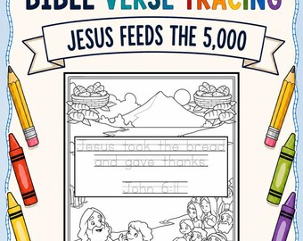Jesus Feeds the 5,000 Bible Verse Tracing Coloring Page | Christian Handwriting Practice | Scripture Memory Activity|Sunday School Printable