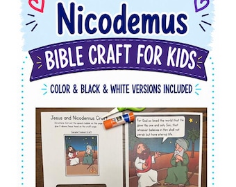 Puede incluir: Una actividad de manualidades bíblicas imprimible titulada Jesus and Nicodemus que incluye dos hojas de papel con ilustraciones de Jesús y Nicodemo, una barra de pegamento y tijeras. El texto incluye instrucciones y el versículo Juan 3:16.