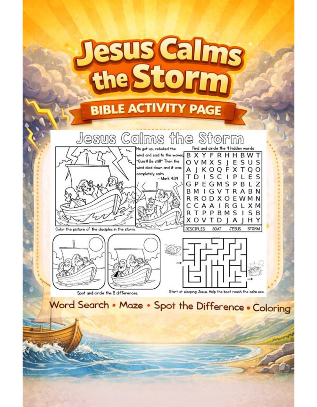 Jesus Calms the Storm Church Activity Mat for Kids | Kids Bible ...