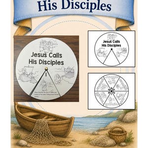 May include: A paper craft wheel titled Jesus Calls His Disciples featuring black and white line art illustrations of biblical scenes. The circular craft includes a central fastener, segmented sections with drawings of boats and figures, and printed text.