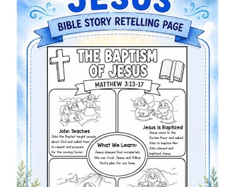 Bible Summary Printable for Jesus’ Baptism | Bible Stories Color Worksheet for Kids | Worship Coloring | Bible Made Easy | Jesus is Bapitzed