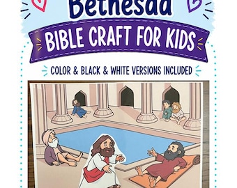 Könnte beinhalten: Ein druckbares Bastelblatt mit dem Titel The Pool of Bethesda Bible Craft for Kids, das eine Cartoon-Illustration eines Pools mit Säulen und Figuren zeigt, einschließlich einer zentralen Figur in weißem Gewand, inklusive Farb- und Schwarz-Weiß-Versionen.