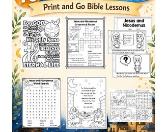 Puede incluir: Una colección de 10 actividades bíblicas para niños tituladas Jesús y Nicodemo, con lecciones listas para imprimir. El set incluye hojas de trabajo en blanco y negro con sopas de letras, crucigramas, páginas para colorear y tiras cómicas.