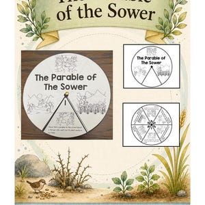 May include: A circular paper craft wheel titled The Parable of the Sower, featuring black and white line art illustrations depicting scenes from the biblical story. The wheel includes a central fastener and text describing the farmer planting seeds.