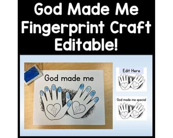 God Made Me Fingerprint Craft Editable Activity | Sunday School Craft | God Loves Me | Thumbprint Craft | Christian Craft | Preschool