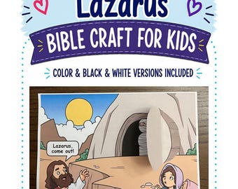 May include: A paper craft activity titled Jesus Raises Lazarus Bible Craft for Kids, featuring a cartoon illustration of Jesus calling to Lazarus at a tomb entrance. The scene includes a movable paper stone door and text bubbles.