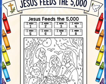 Jesus Feeds the 5000 Color by Number Page |  Faith Based Coloring Pages | Bible Story Color | Gospel Coloring | Coloring Christian Inspired