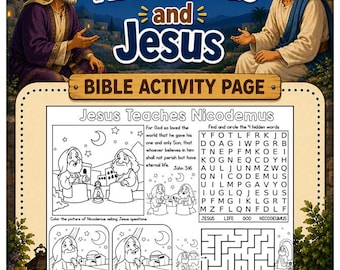 Jesus and Nicodemus Church Activity Mat | Kids Bible Placemats | Bible Activity Placemats | Quiet Church Activity Page Printable | John 3:16
