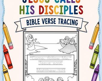 Jesus Calls His Disciples Bible Verse Tracing Coloring Page | Christian Handwriting Practice | Scripture Memory Activity | Fishers of Men