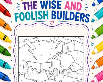 The Parable of the Wise and Foolish Builders Coloring Page | Bible Story Color Pages Kids  | Faith Based Coloring | Jesus Coloring