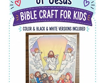 Puede incluir: Una manualidad de papel que representa la Ascensión de Jesús con una figura central de Jesús elevándose entre nubes flanqueado por dos ángeles, mientras un grupo de personas mira hacia arriba. El texto dice The Ascension of Jesus BIBLE CRAFT FOR KIDS.