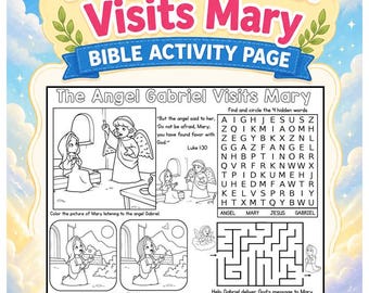 The Angel Gabriel Visits Mary Church Activity Mat | Kids Bible Placemats | Bible Activity Placemats | Quiet Church Activity | Annunciation