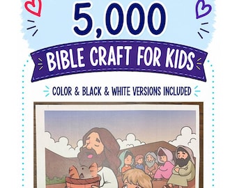May include: A printable craft sheet titled Jesus Feeds 5,000 Bible Craft for Kids. The top features blue text and two small hearts. Below, a cartoon illustration shows a figure holding a basket of bread and fish, with a child and group nearby.