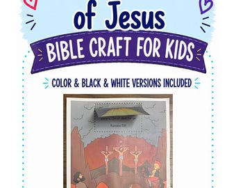 Peut inclure: Un bricolage biblique imprimable pour enfants intitulé The Crucifixion of Jesus, présentant une illustration en couleur de la scène de la crucifixion avec une section à soulever révélant le texte Romans 5:8 et Christ died for us. Versions couleur et noir et blanc incluses.