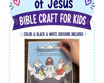 Könnte beinhalten: Eine Papierbastelaktivität mit dem Titel The Transfiguration of Jesus Bible Craft for Kids. Das Blatt zeigt eine farbige Illustration von Jesus mit zwei Figuren auf einem Berg und eine aufklappbare Wolke mit dem Text This is my beloved Son.
