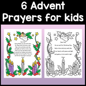 May include: Two Advent prayer cards for kids. The cards feature colorful illustrations of candles, holly, and stars. The text on the cards reads "6 Advent Prayers for kids" and includes prayers for the Advent and Christmas seasons.