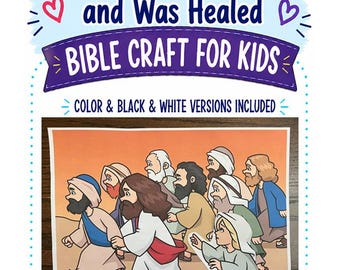 May include: A printable Bible craft for kids titled The Woman Who Touched Jesus and Was Healed. The image features a cartoon illustration of Jesus walking with a crowd, with a separate cutout of a woman reaching out to touch his robe.