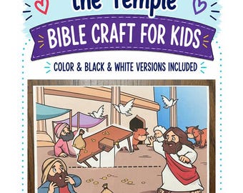 Op de afbeelding: Een printbare bijbelknutsel voor kinderen getiteld Jesus Cleans the Temple. De afbeelding toont een cartoonillustratie van een scène met een figuur in een gewaad, een omgegooide tafel, verspreide munten en vogels. Kleur- en zwart-witversies inbegrepen.