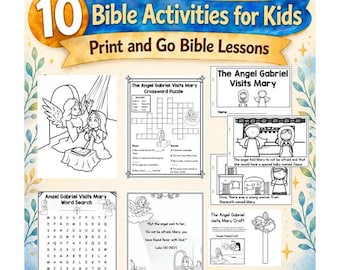 May include: A collection of 10 Bible activities for kids titled The Angel Gabriel Visits Mary, featuring print and go lessons, coloring pages, a crossword puzzle, a word search, and craft templates with black and white illustrations on a blue background.