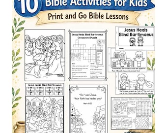 May include: A collection of 10 printable Bible activities for kids titled Jesus Heals Blind Bartimaeus. The document includes black and white coloring pages, a crossword puzzle, a word search, and reading sheets featuring illustrations of biblical scenes.
