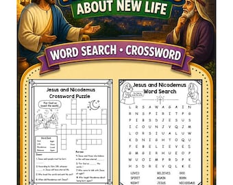 Jesus and Nicodemus Word Search & Crossword | Bible Story Printable | Christianity Homeschool | Quiet Church | For God So Loved | John 3:16
