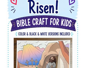 Pode incluir: Um artesanato bíblico para crianças intitulado Jesus Has Risen! com uma ilustração colorida de uma figura em frente a um túmulo e três cruzes ao fundo. O texto inclui Color & Black & White Versions Included.