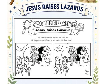 Spot the Difference Jesus Raises Lazarus | Bible Story Printable | Printable Sunday School Activity | I Spy Bible | Christian Homeschool