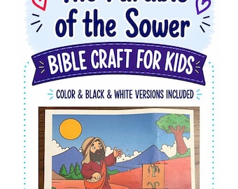 Puede incluir: Una manualidad imprimible titulada The Parable of the Sower Bible Craft for Kids, con una ilustración de dibujos animados de una persona sembrando semillas en un campo con un sol amarillo, montañas azules y un árbol. Versiones a color y blanco y negro.